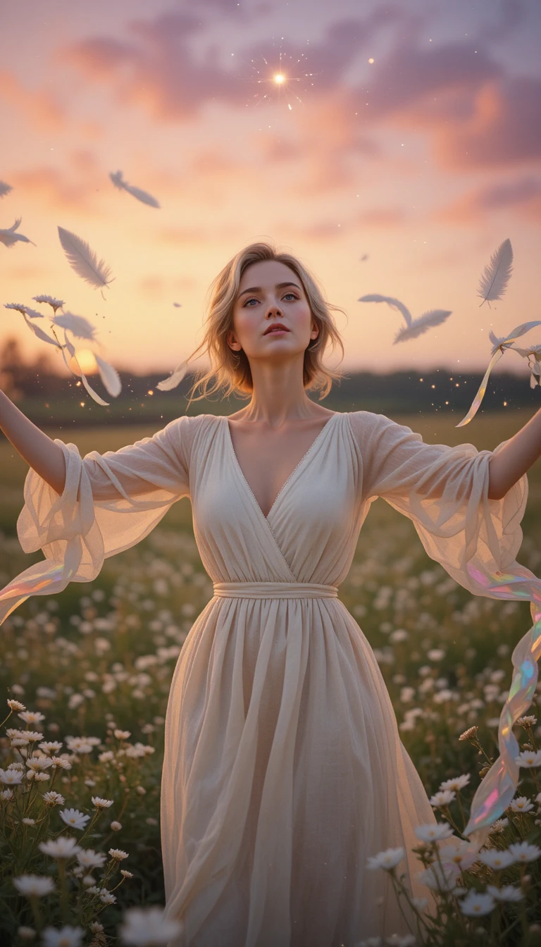 Elegant older woman in meadow at magical twilight