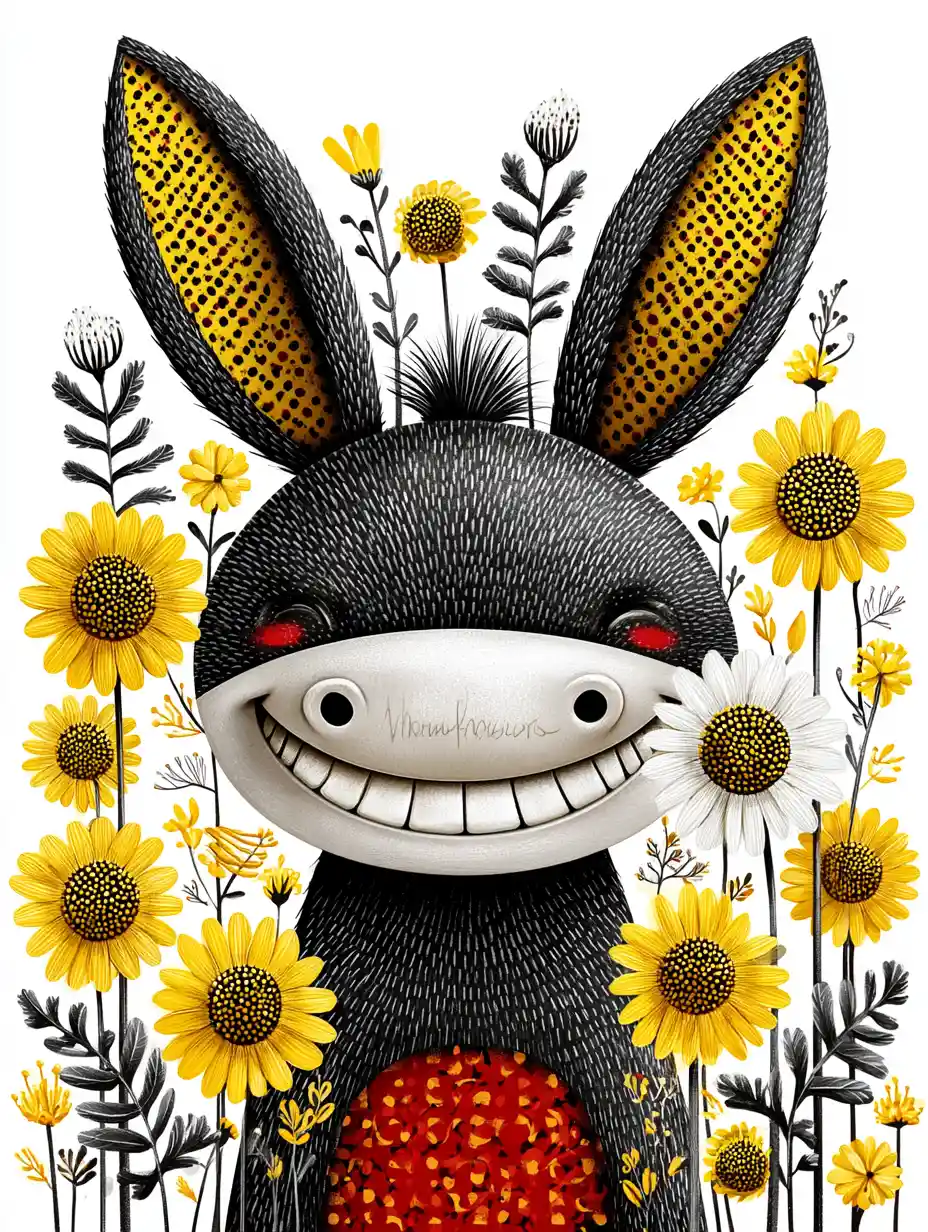 Verspielter Cartoon-Esel, der in einem Feld voller Wildblumen lächelt