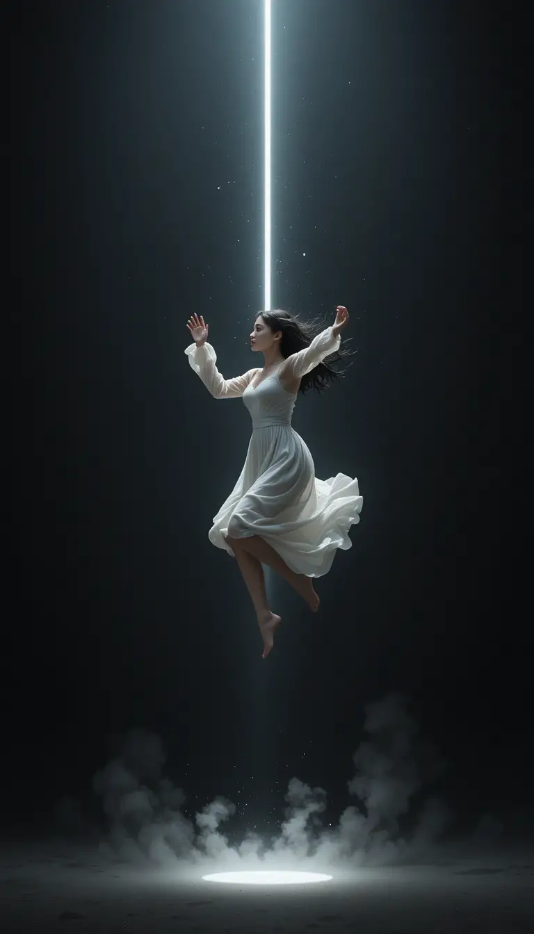 Young woman falling through a vast dark void of light