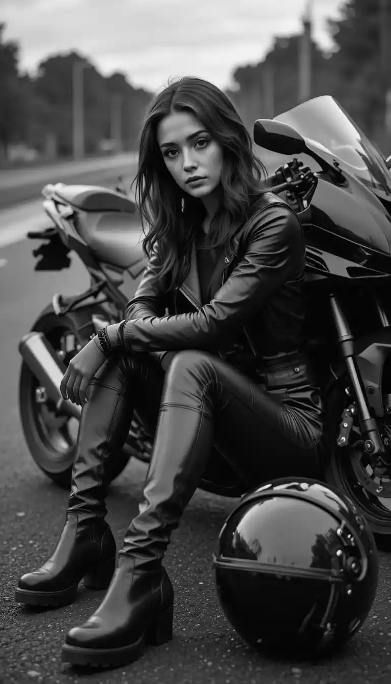 Tired woman resting by a motorcycle in black and white