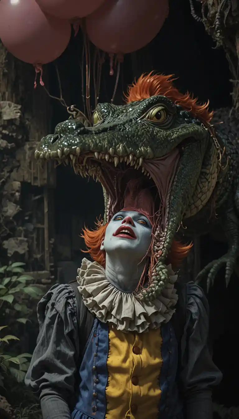 Cartoon crocodile looming over a terrified sad clown