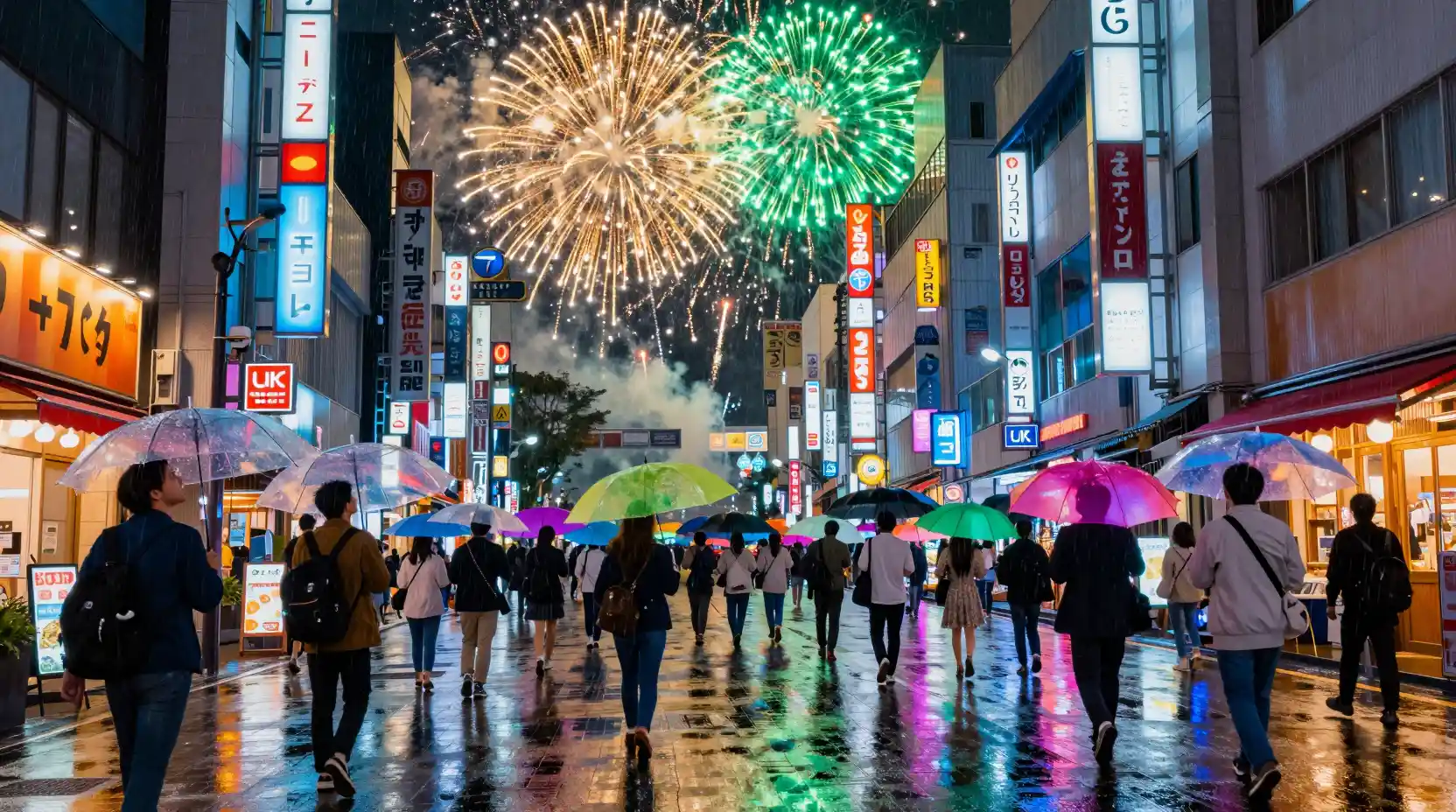 Fireworks Over Neon Tokyo Street With Umbrella Holding Crowd