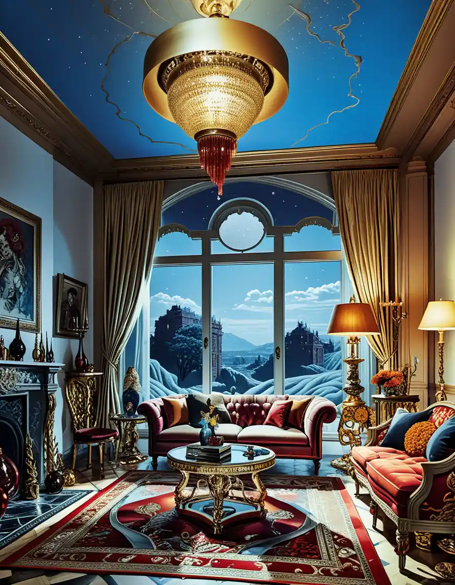 Dark maximalist living room with candles and velvet drapes