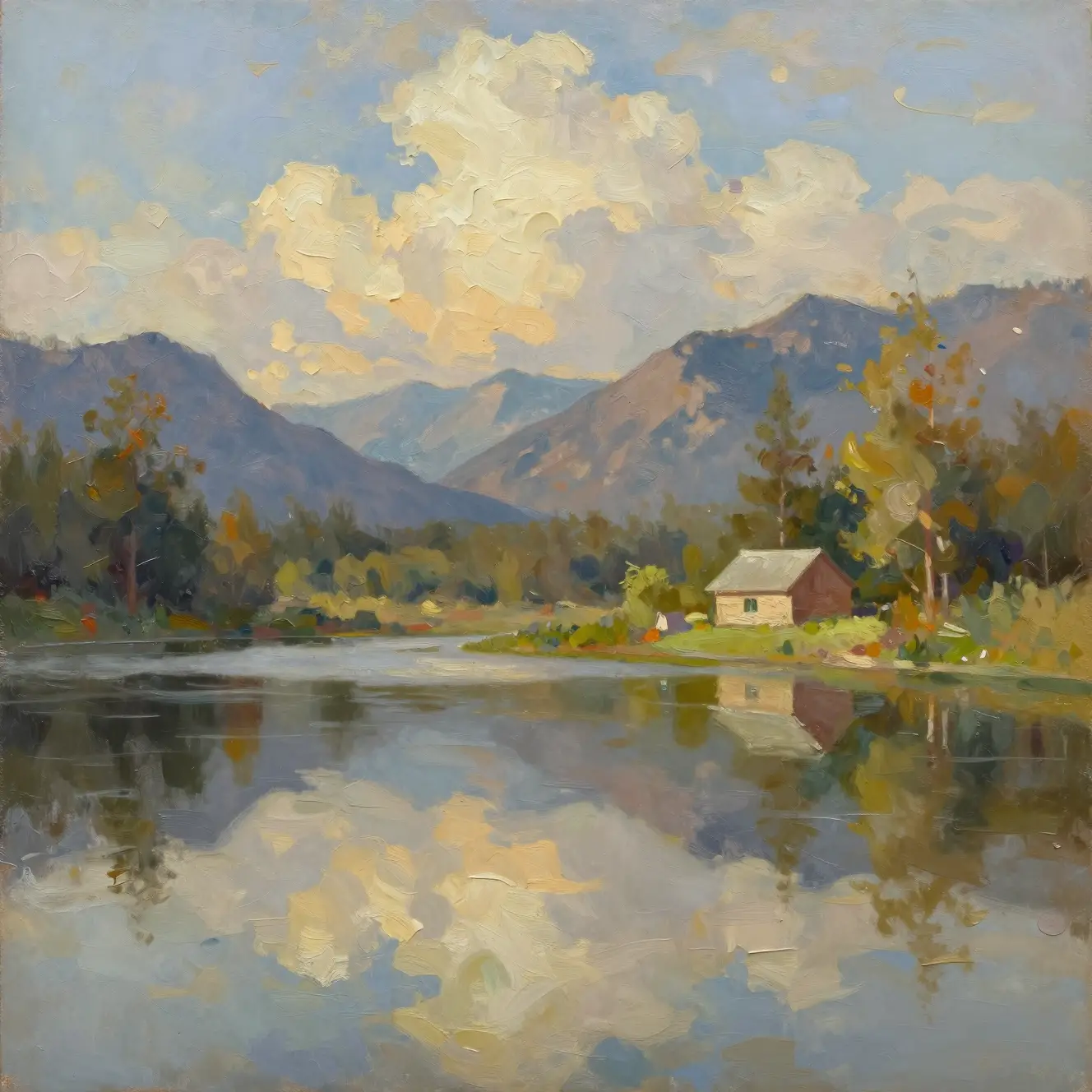 Serene mountain lake and cabin at golden hour painting