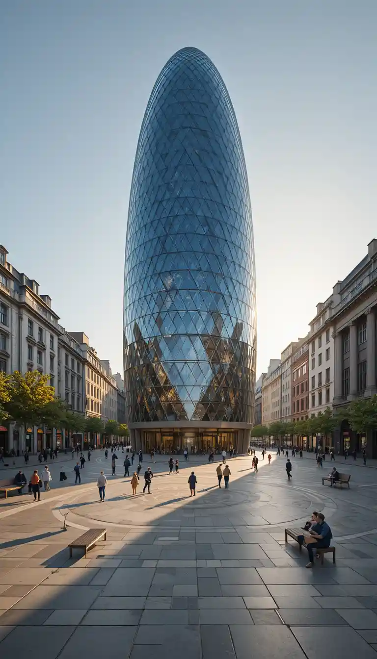 Ground level view of the Gherkin tower and lively city plaza