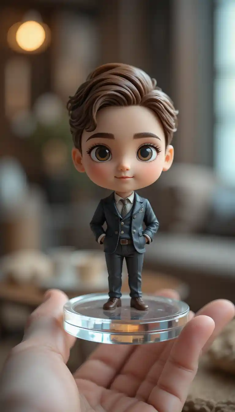 Chibi figurine held on a clear acrylic stand in warm light