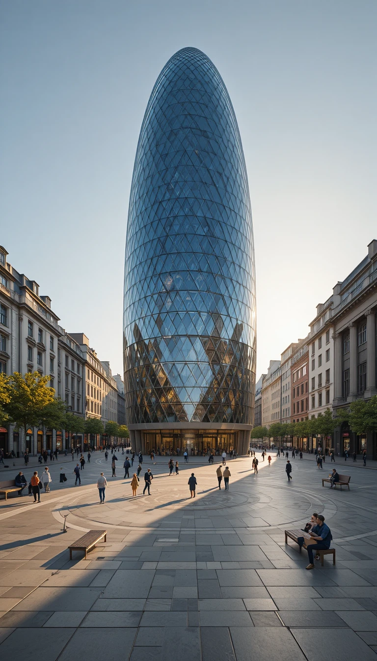 Ground level view of the Gherkin tower and lively city plaza