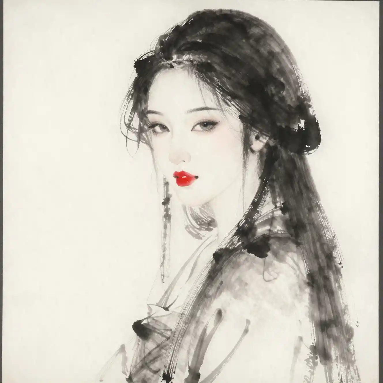Ethereal ink wash portrait of an elegant East Asian woman