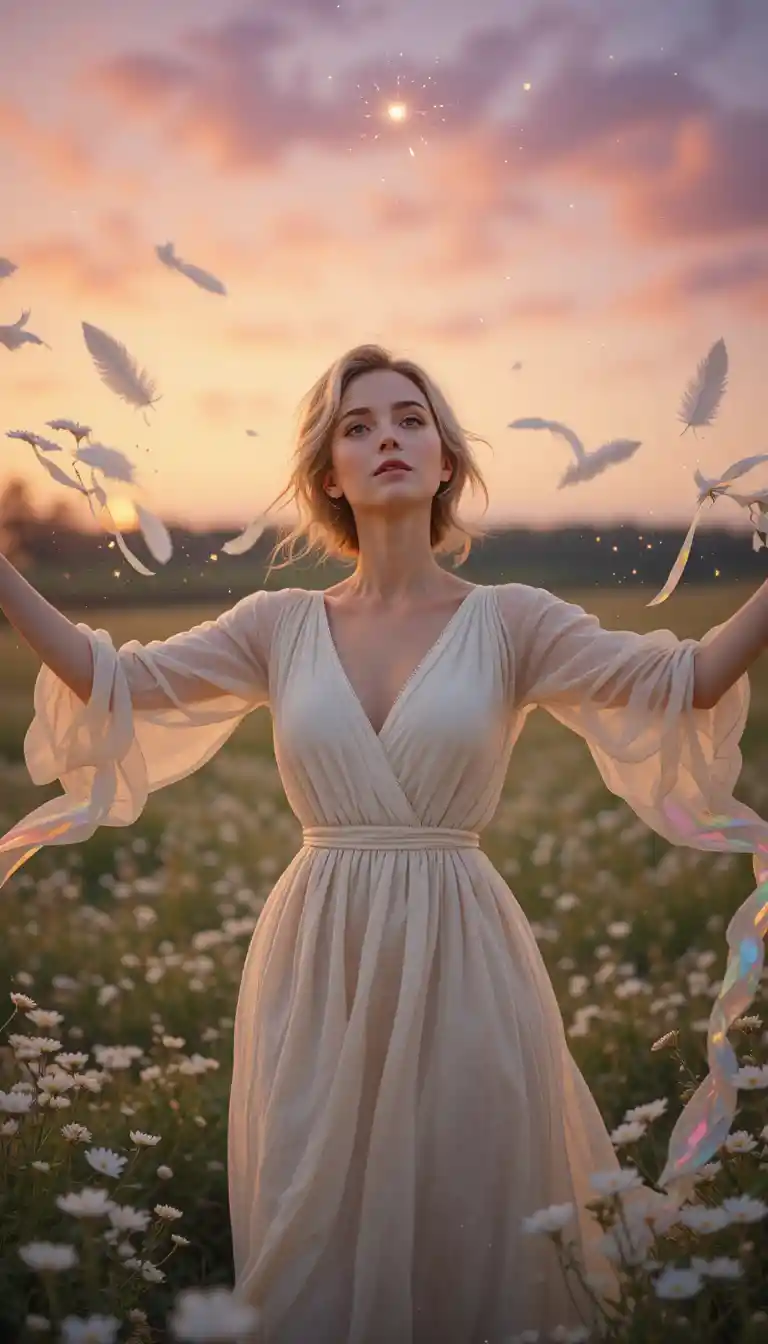 Elegant older woman in meadow at magical twilight