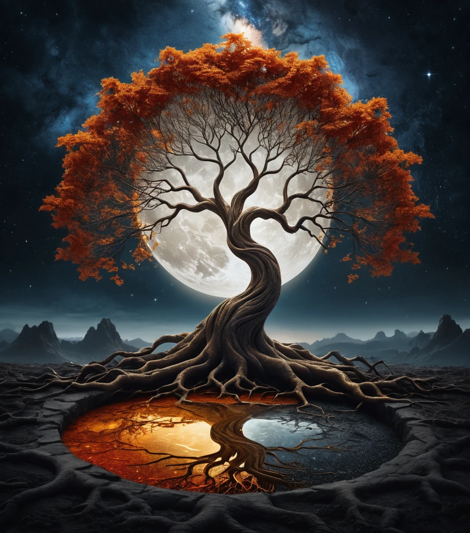 Surreal Tree Divided Into Light And Darkness