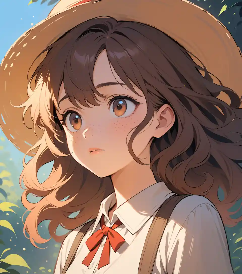 Young girl in straw hat under soft blue sky