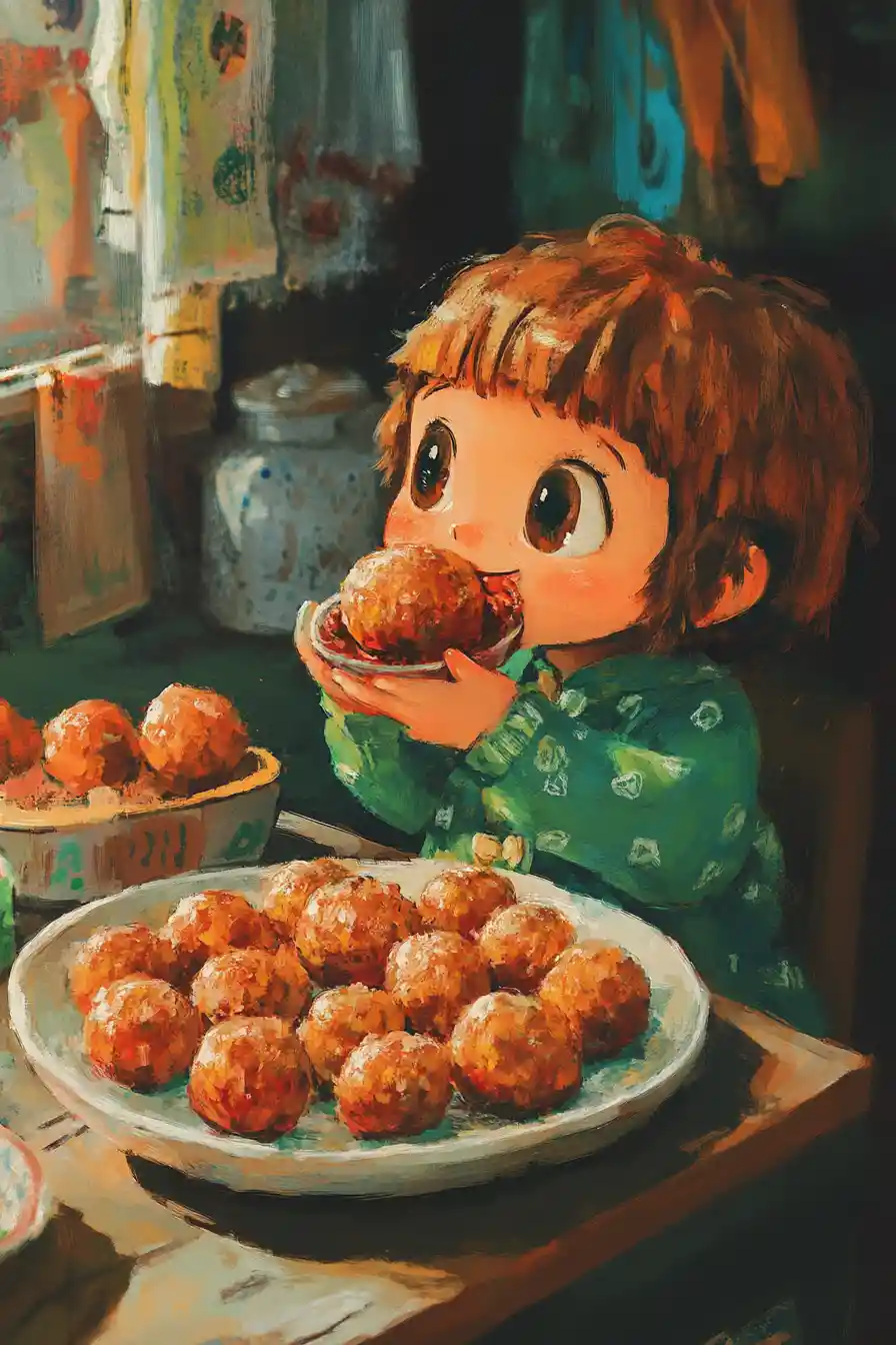 Whimsical anime illustration of meatballs in bright pastel colors