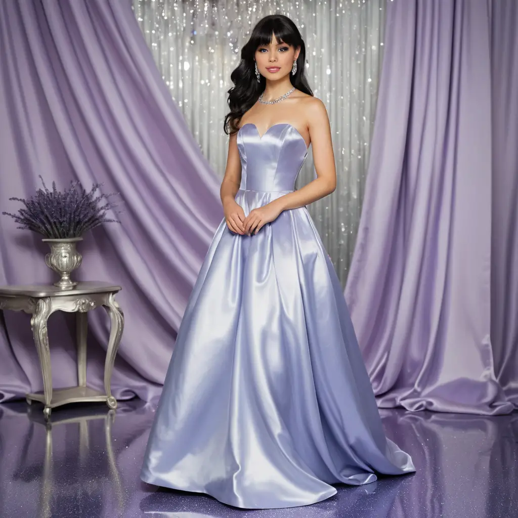 Elegant woman in lavender satin gown in a refined room