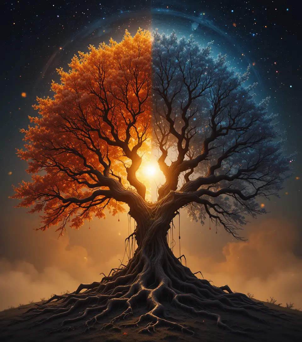 Surrealer Yin-Yang-Baum, der Licht und Dunkelheit teilt