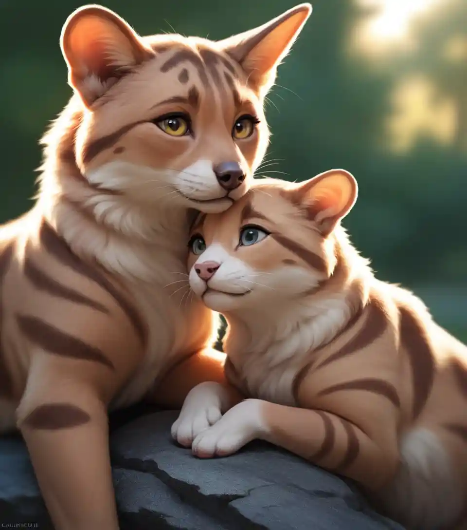 Fluffy white puppy and brown tabby kitten cuddling closely