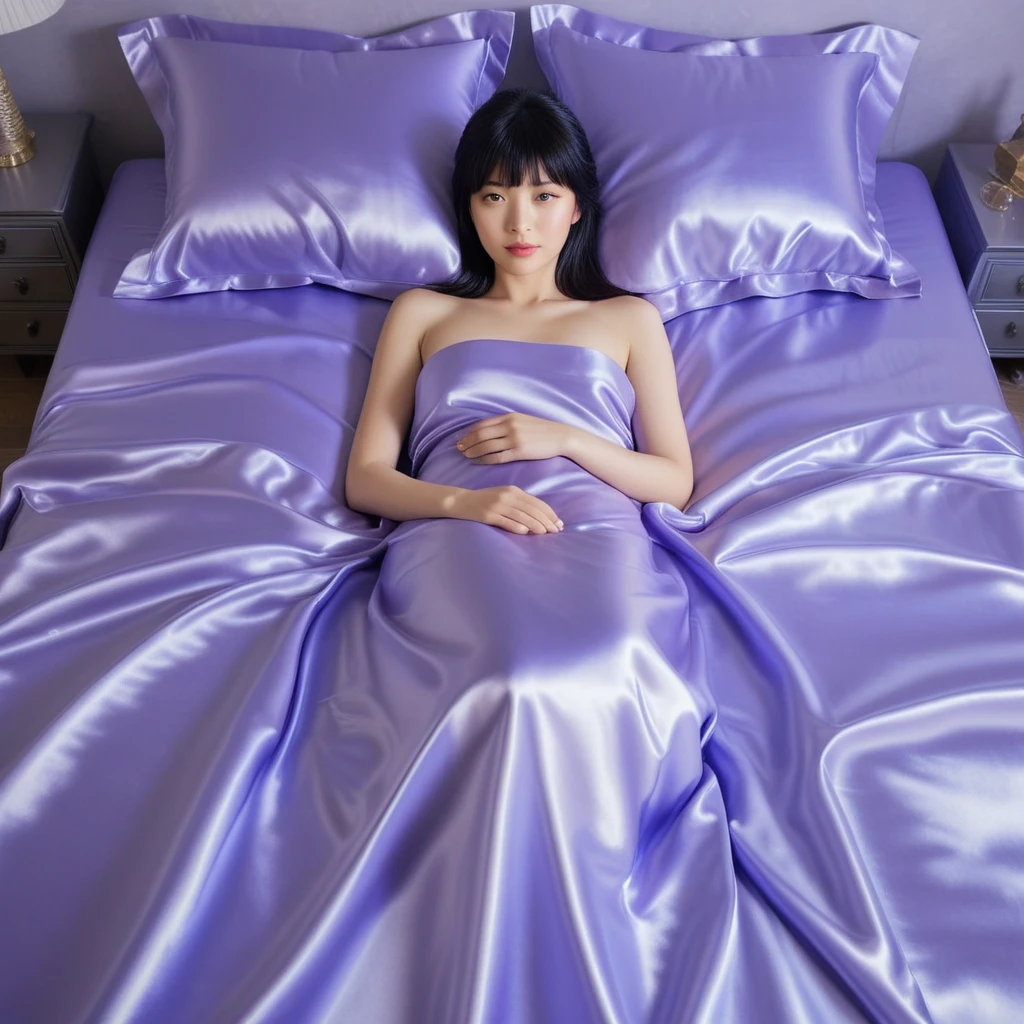 Elegant Japanese woman resting on glossy lavender bed sheets