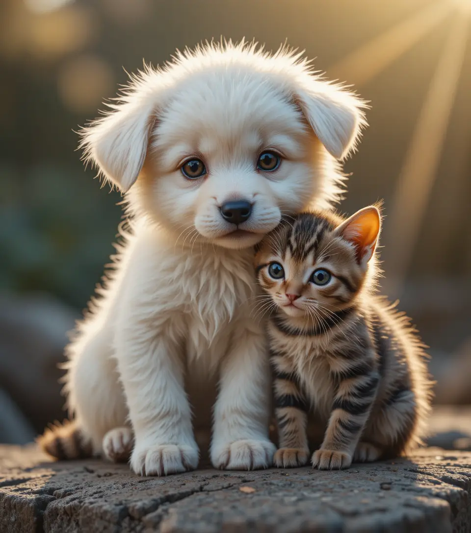 Fluffy puppy and tabby kitten cuddling on a rock