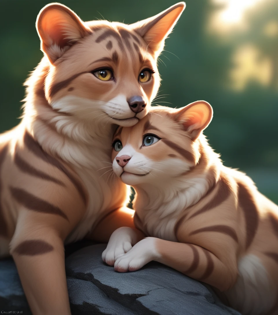 Fluffy white puppy and brown tabby kitten cuddling closely