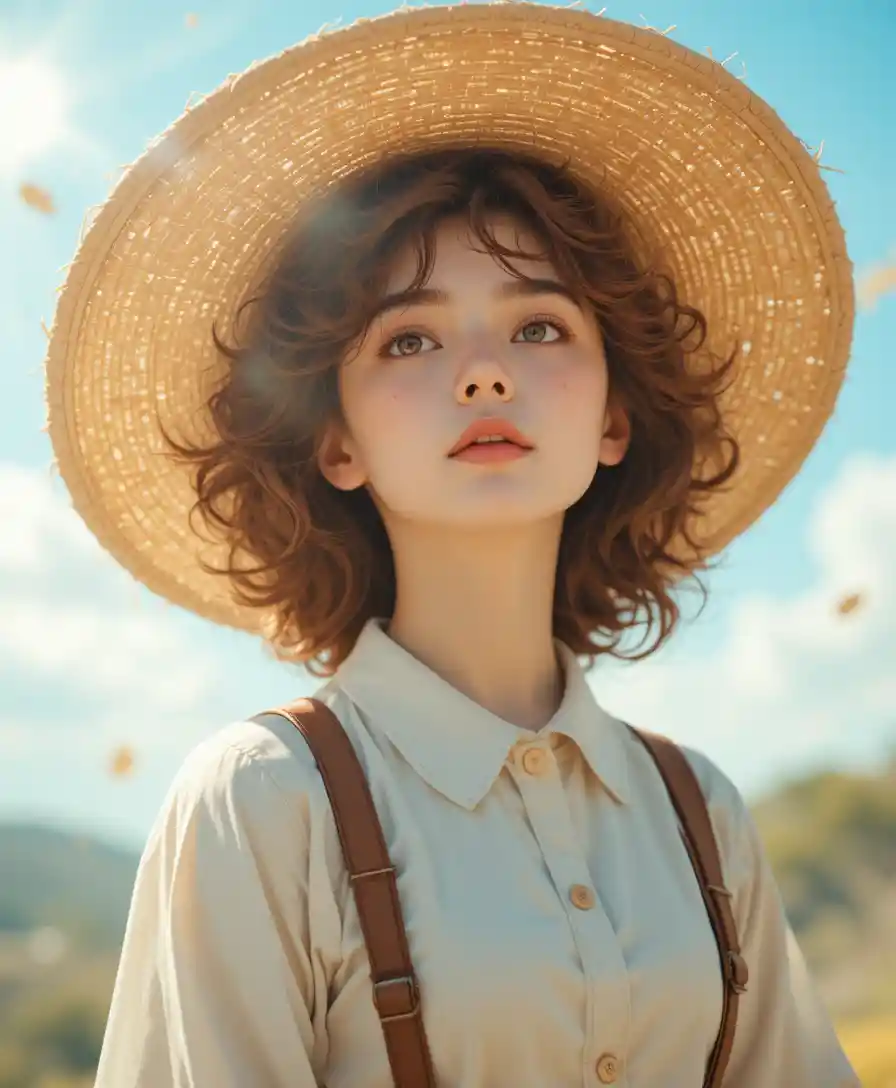 Young person in straw hat under soft blue sky