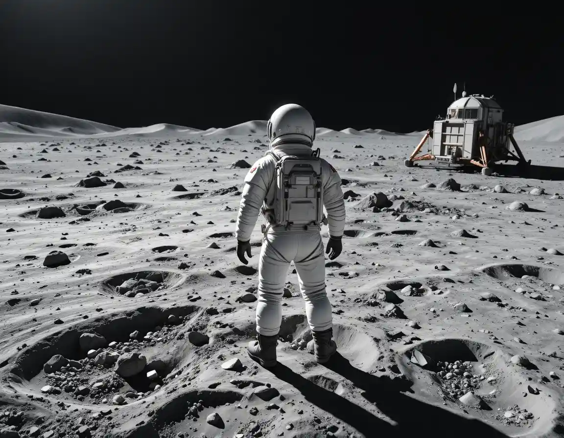 Astronaut Pointing Across Cratered Lunar Landscape In Harsh Light