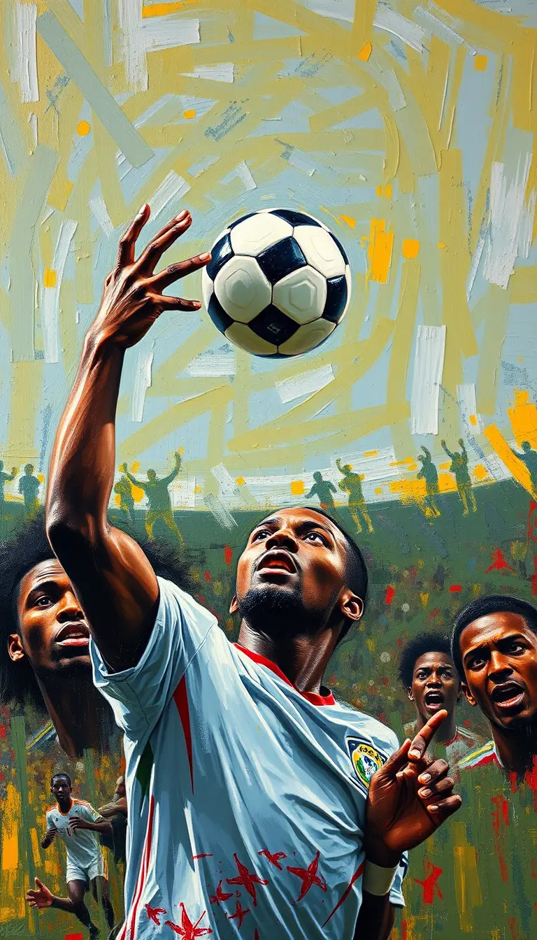 African soccer player heading the ball toward goal