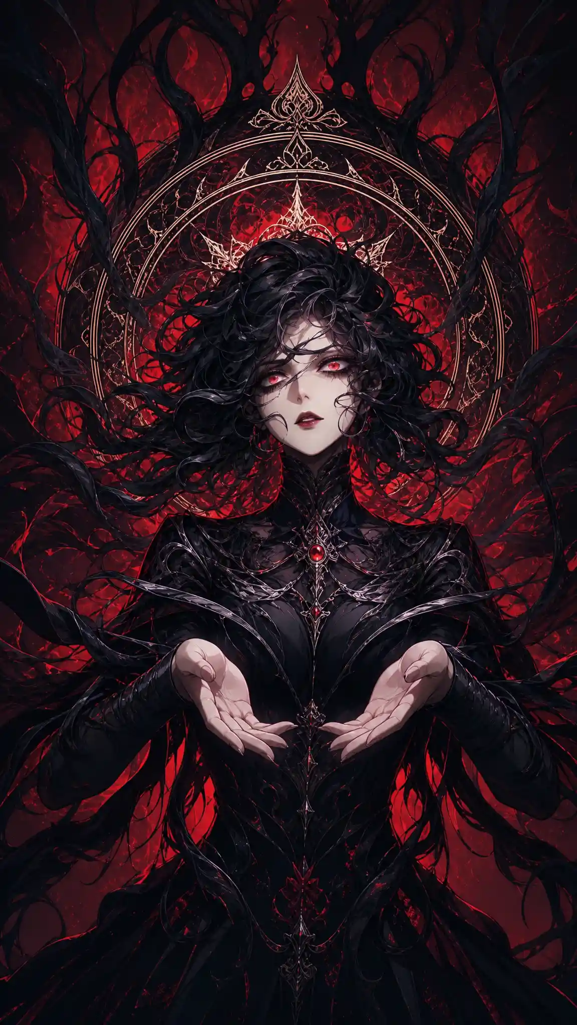 Pale woman offering hands in dark crimson fantasy scene