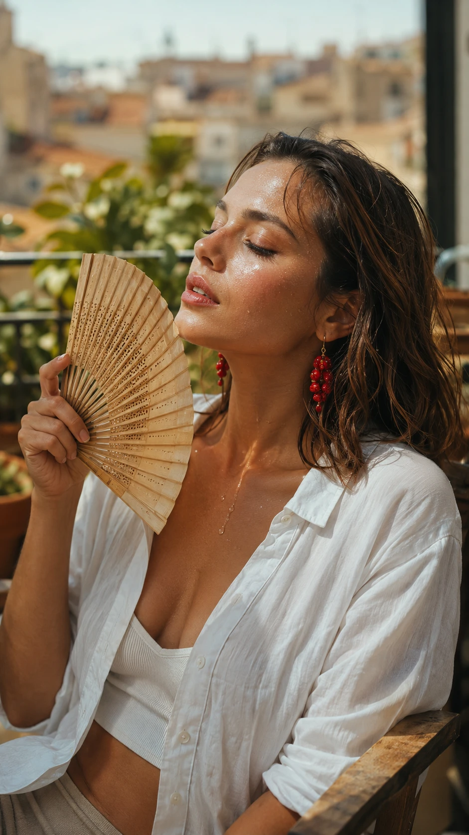 Joven mujer refrescándose en un balcón soleado