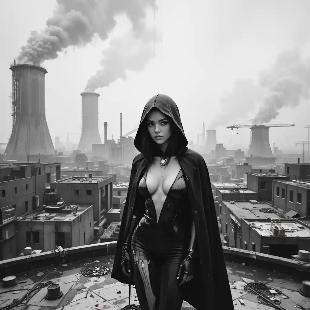 Cyberpunk femme fatale on a futuristic factory rooftop