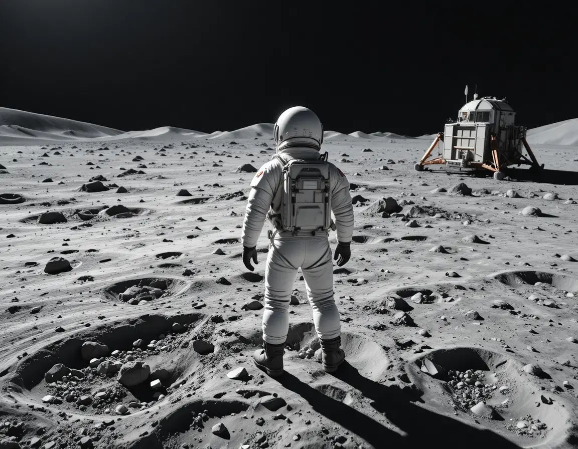 Astronauta che indica attraverso un paesaggio lunare craterizzato in una luce intensa