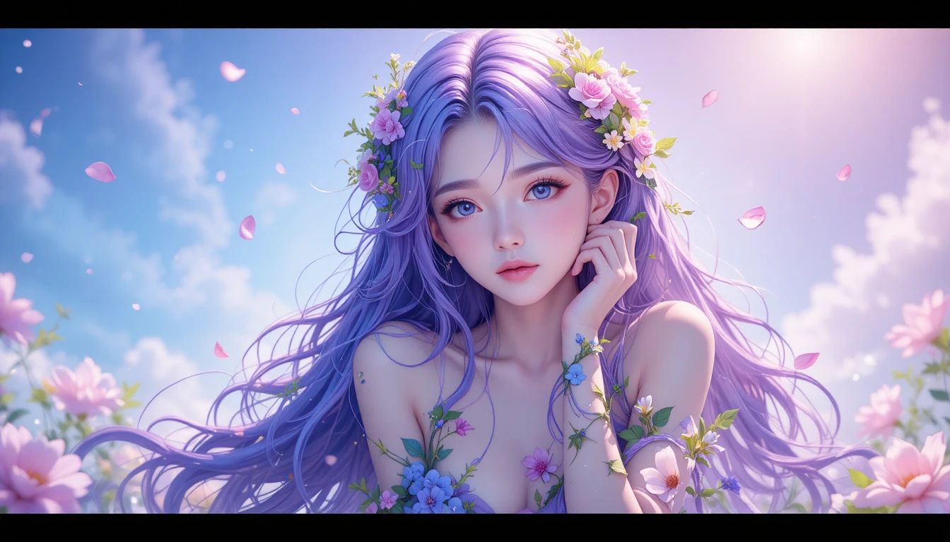 Anime woman with purple hair in dreamy floral scene