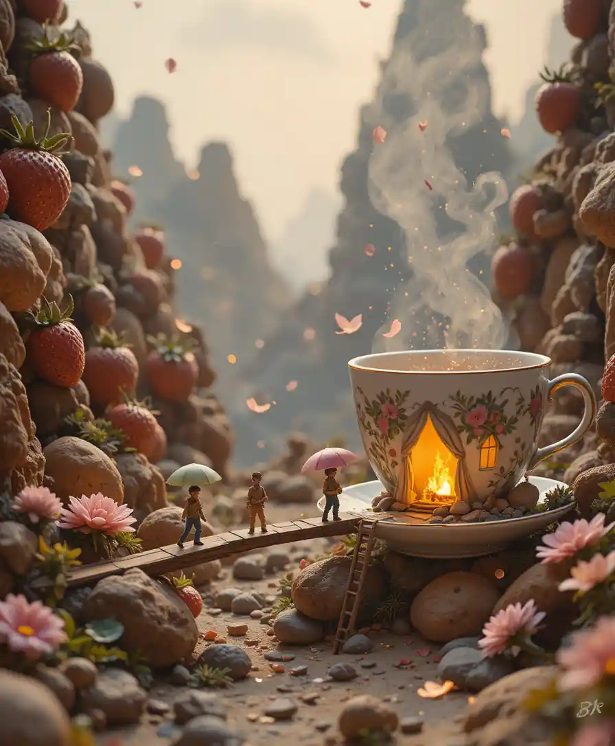 Tiny explorers crossing a towering dessert fantasy world