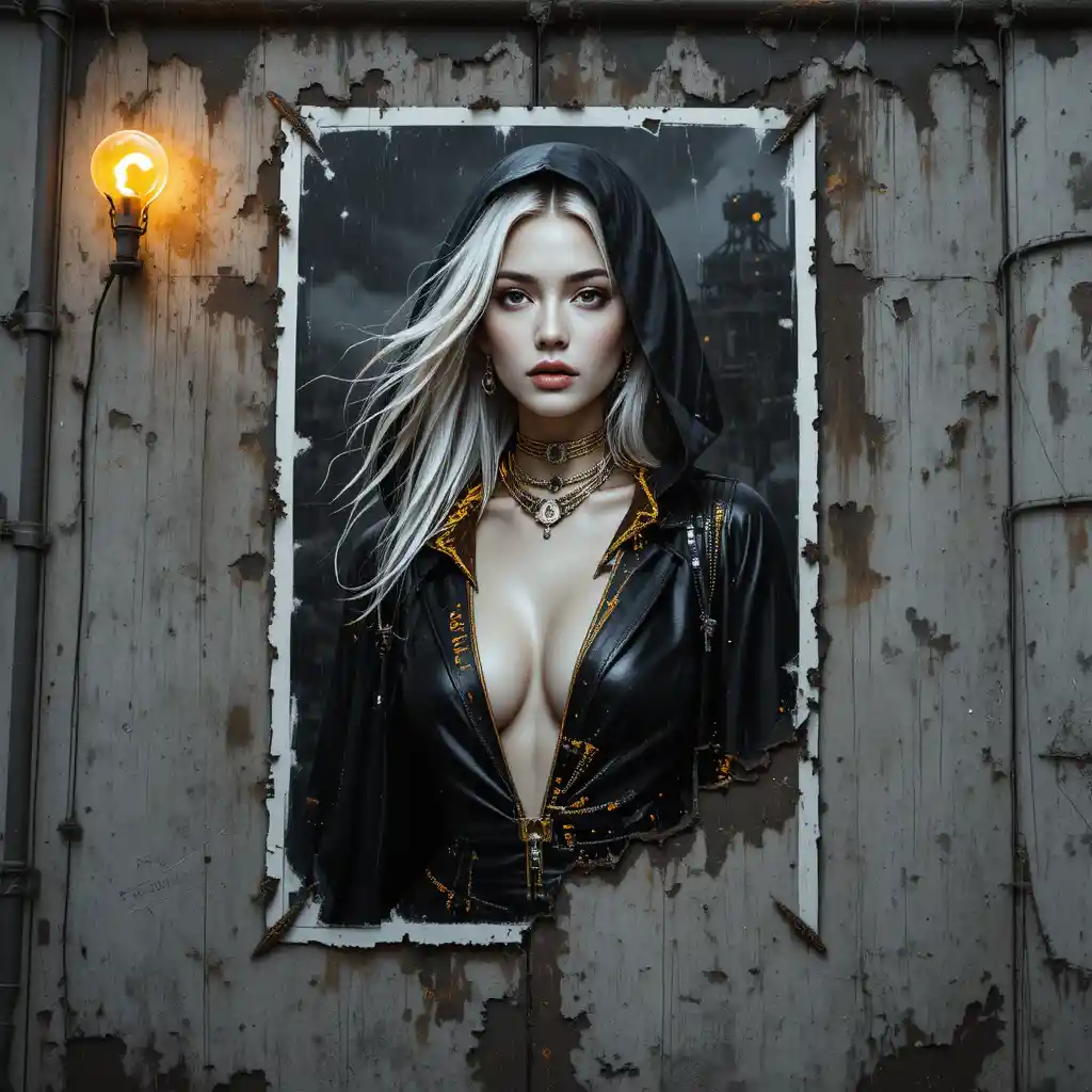 Cyberpunk femme fatale on torn poster in the rain