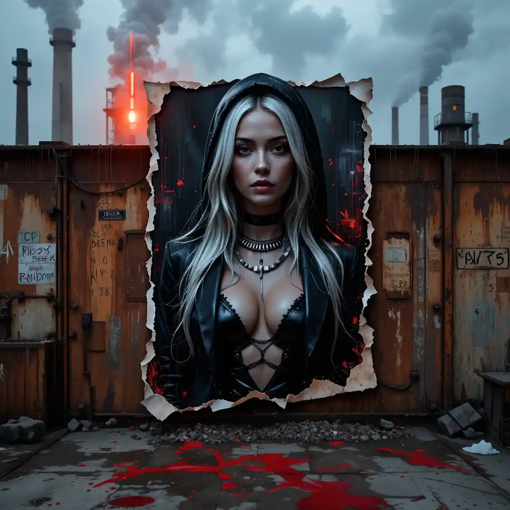 Cyber noir woman poster on abandoned industrial rooftop wall
