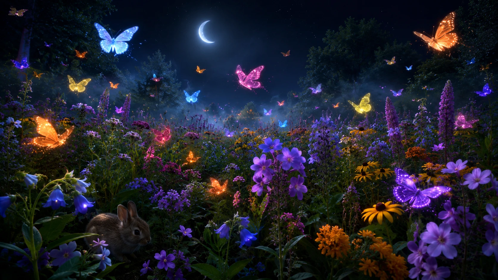 Glowing butterflies over wildflowers under a crescent moon