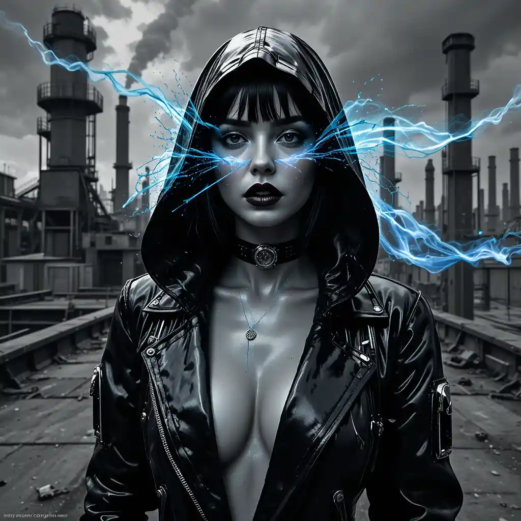 Cyberpunk woman in hooded coat on industrial rooftop