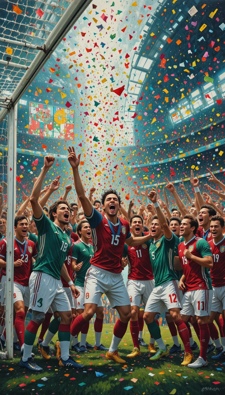 Impasto painting of Mexico soccer team celebrating by goal