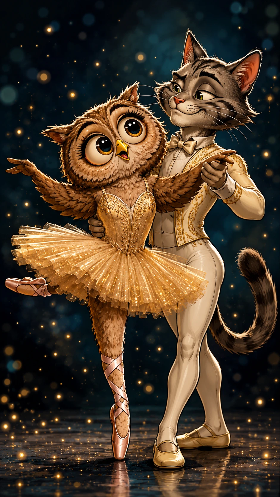 魔法のステージで猫と踊るフクロウのバレリーナのイラスト