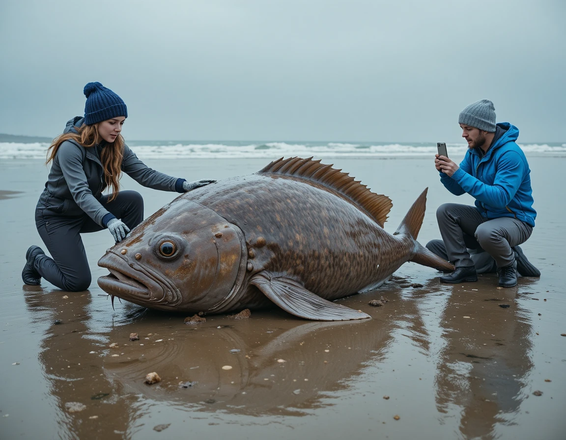 Ricercatori esaminano un pesce luna arenato su una spiaggia nuvolosa