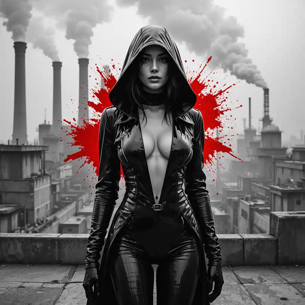 Cinematic cyberpunk woman on rooftop in monochrome city