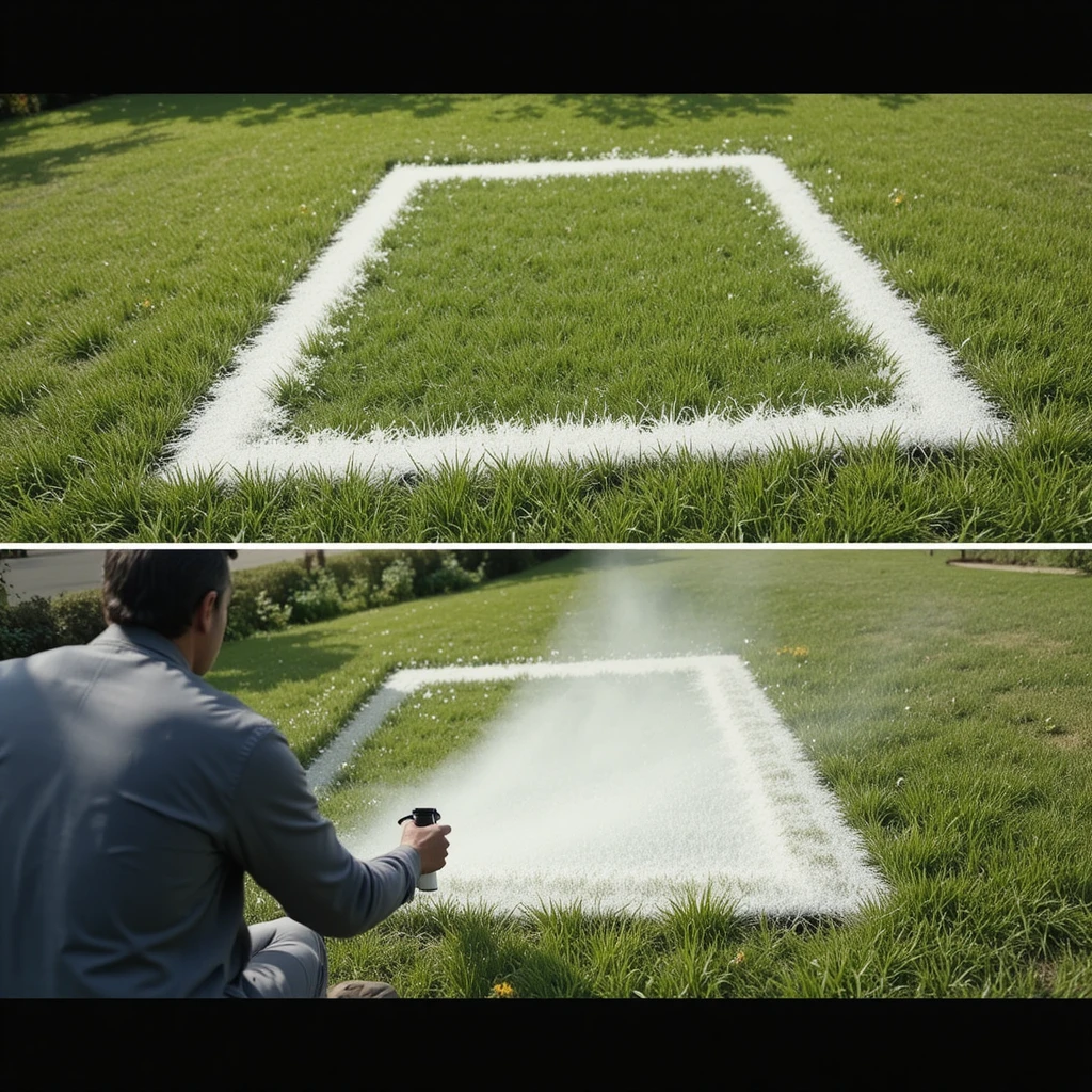Person painting a straight white rectangle on green lawn