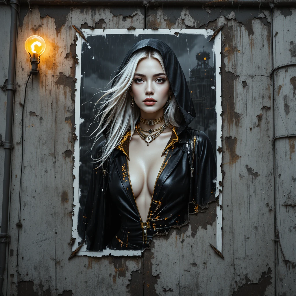 Cyberpunk femme fatale on torn poster in the rain