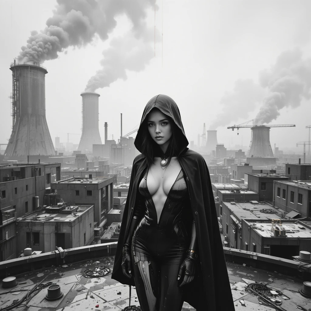 Cyberpunk femme fatale on a futuristic factory rooftop