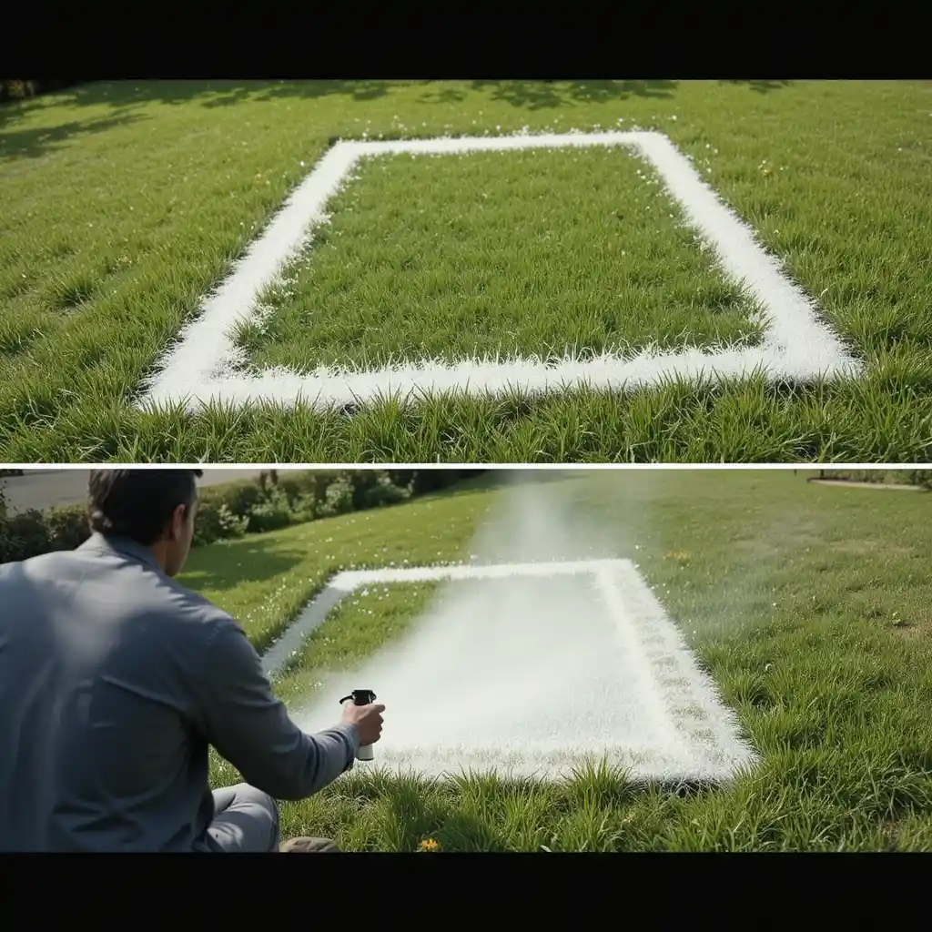 Person painting a straight white rectangle on green lawn