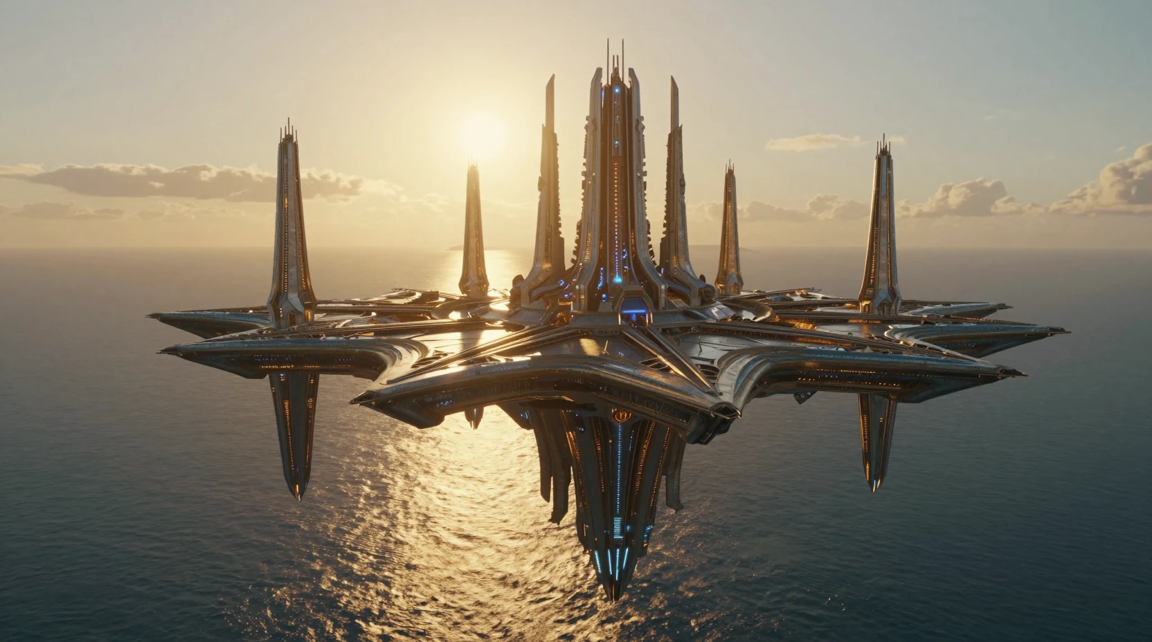 Ciudad oceánica futurista con altas agujas a la hora dorada