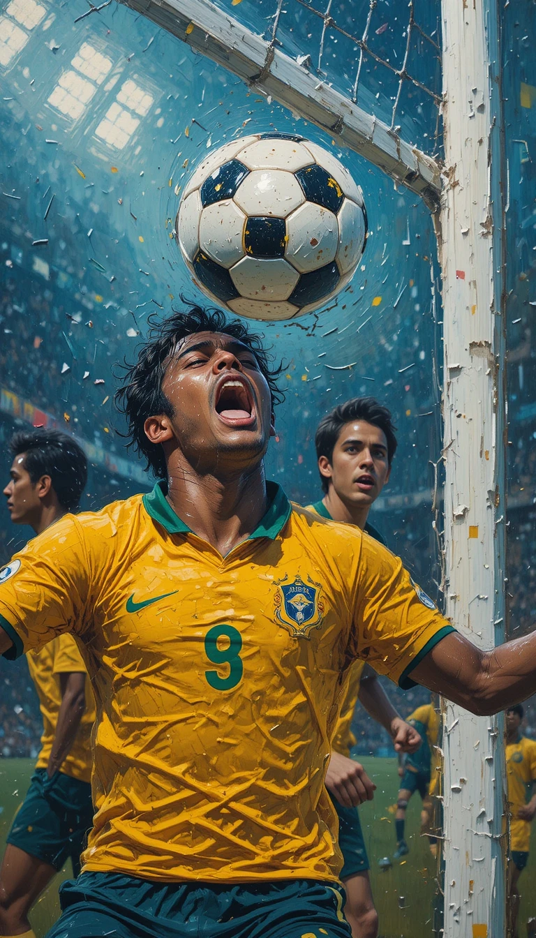Dramatic soccer player heading the ball toward goal