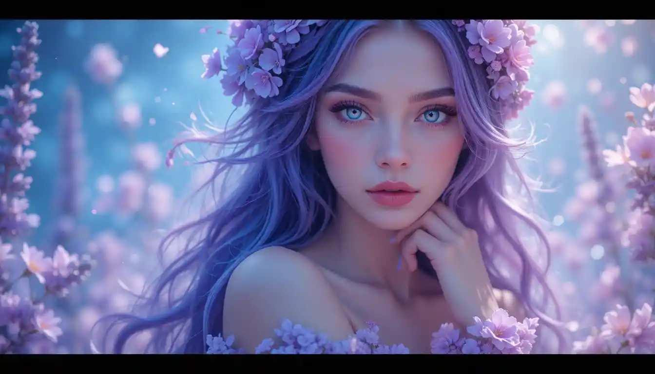 Ethereal anime girl with purple hair and floral drapery