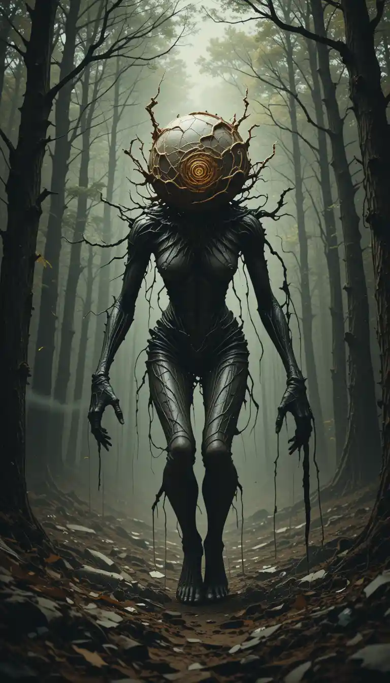 Slipstream warped monster dragging itself through a dark forest