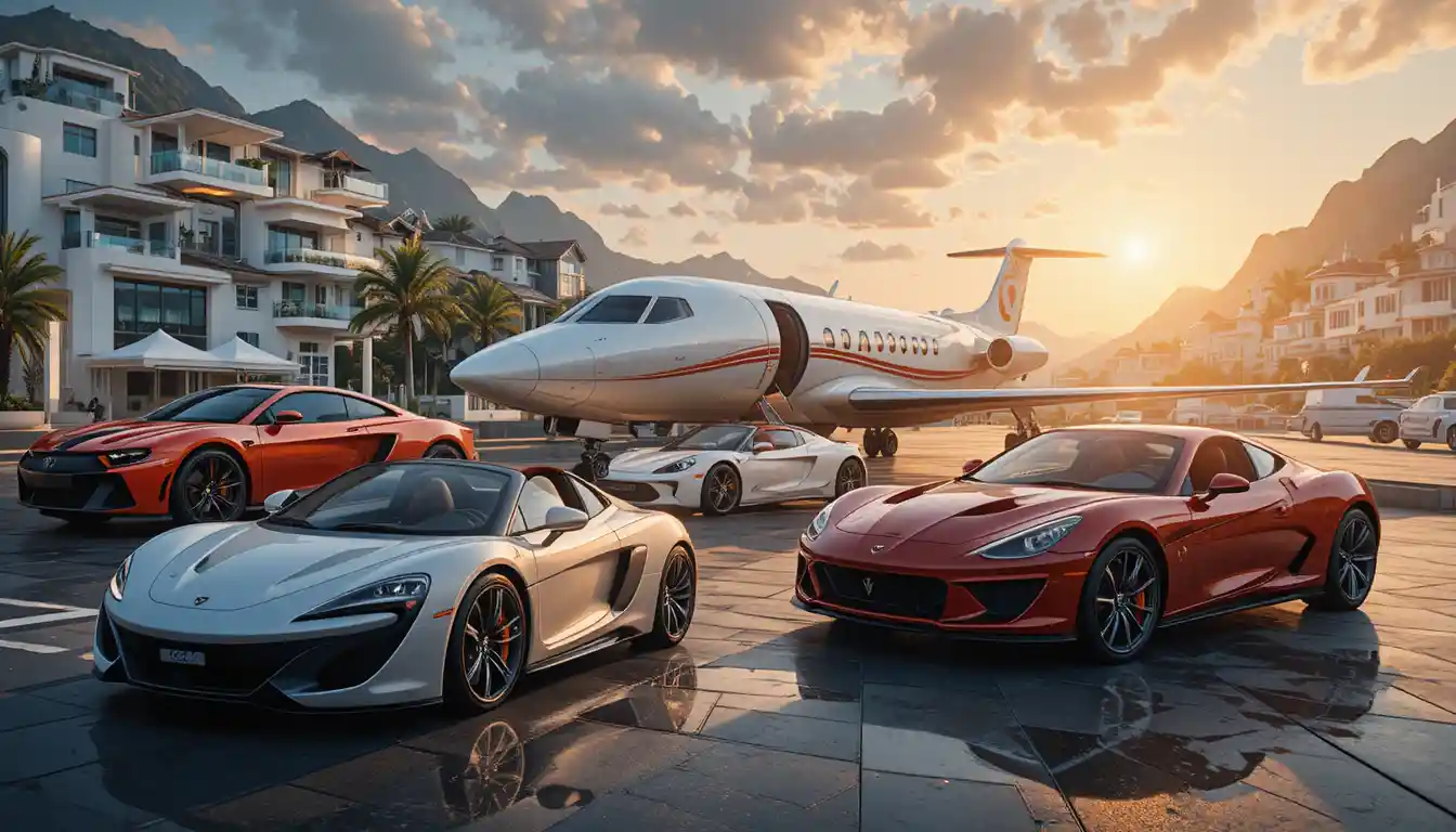 Luxury sports cars and glamorous lifestyle city collage