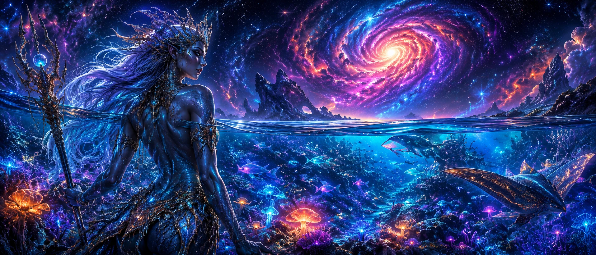 Bioluminescent Coral Reef With Alien Fish Under Cosmic Sky