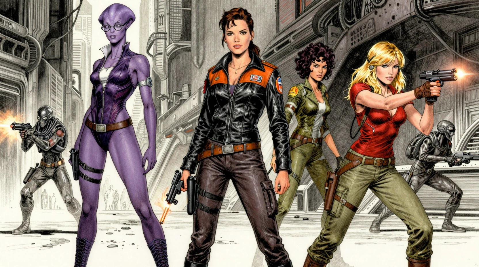 Four futuristic heroines battling alien brigands in space